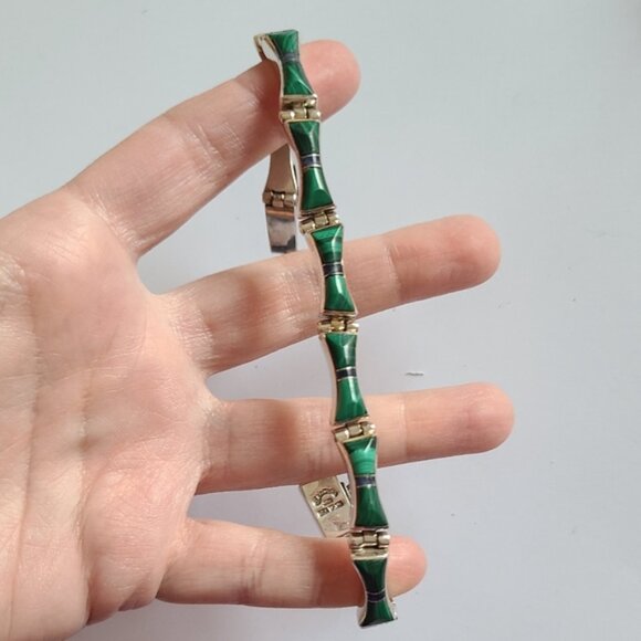 Vintage Taxco Sterling Silver Green Agate Quiet Luxury Tennis Prep Boho Bracelet - Picture 5 of 6